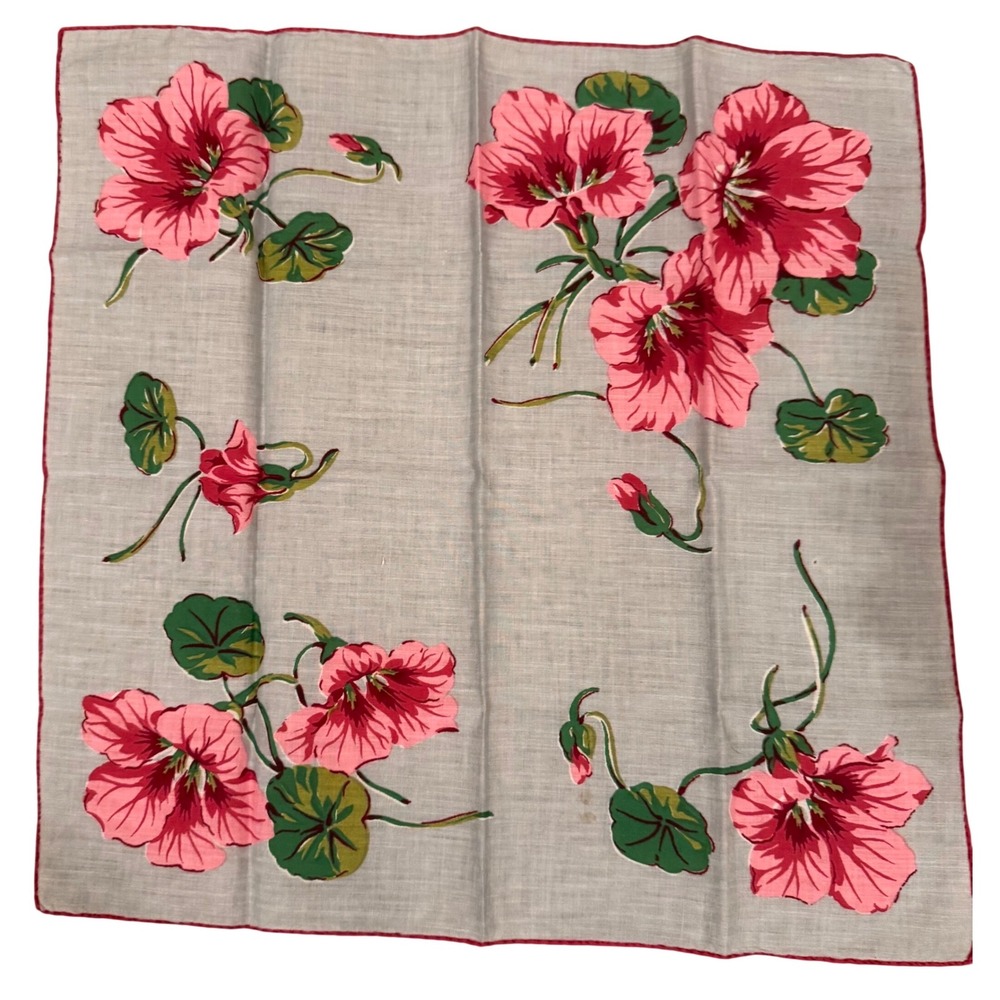 Vintage 1950's Floral Handkerchief Pink Red Flowers Cotton Scalloped Edge Hanky